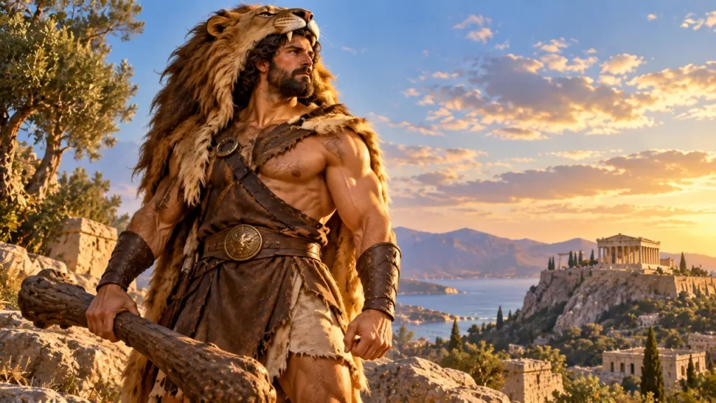 Hércules con la piel del león y una maza de madera.