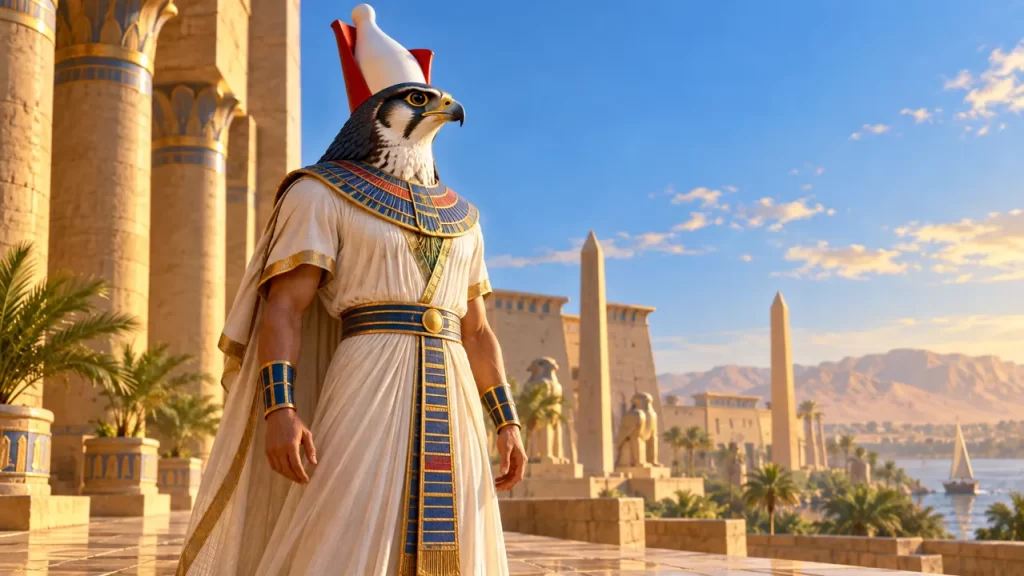 Horus: el dios egipcio del cielo y sus distintas formas 1 Horus con cabeza de halcón y corona blanca y roja, en una ilustración moderna.