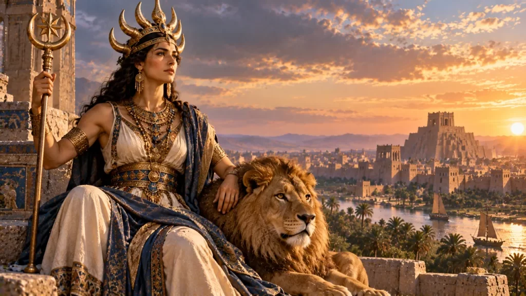 Inanna representada con una corona de cuernos y un león.