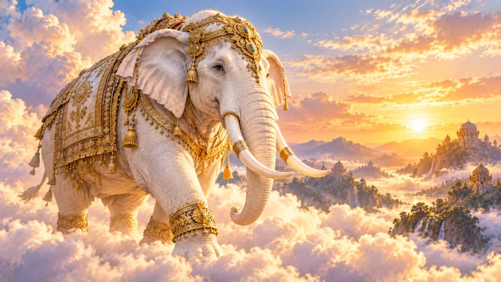 Elefante blanco entre nubes, una interpretación simbólica de la montura de Indra.