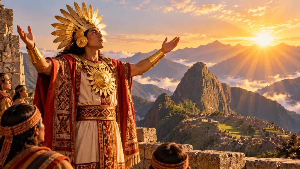 Inti: el Sol en las creencias del mundo inca 1 Figura inca en una ceremonia simbólica frente al sol y las montañas.