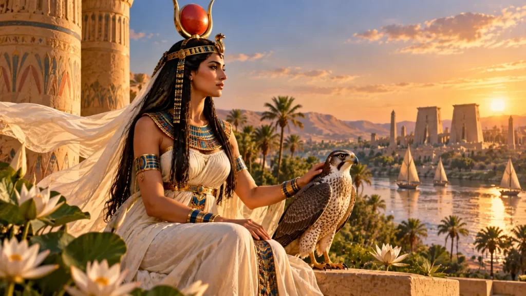 Isis representada junto a un halcón y el Nilo con un tocado solar.