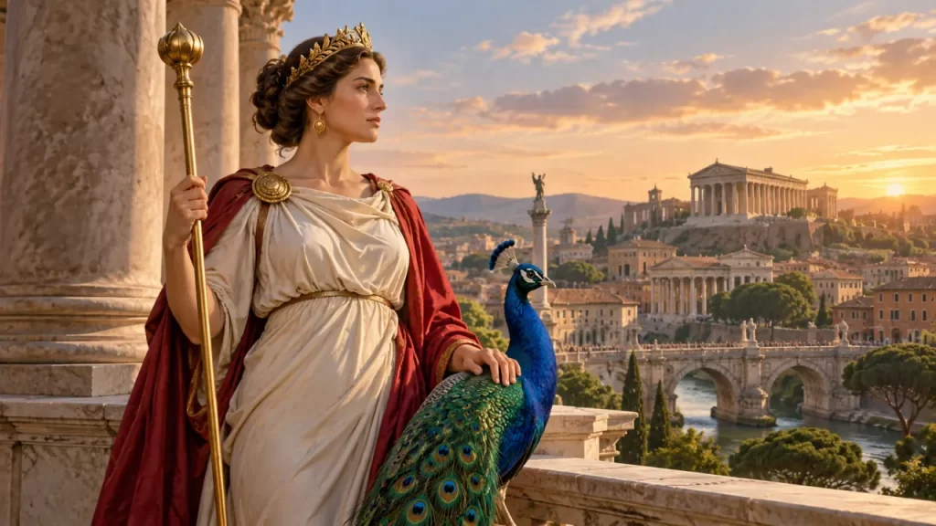 Representación moderna de Juno con un cetro y un pavo real ante una ciudad romana.