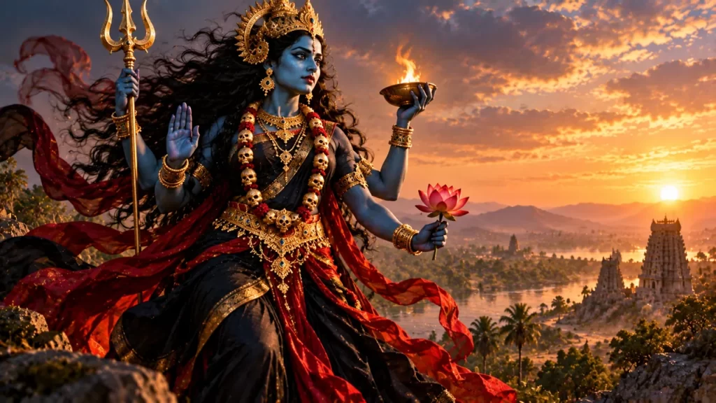 Kali: quién es en las tradiciones hindúes y cómo leer sus imágenes 1 Kali representada con cuatro brazos y símbolos religiosos en un paisaje de templos.