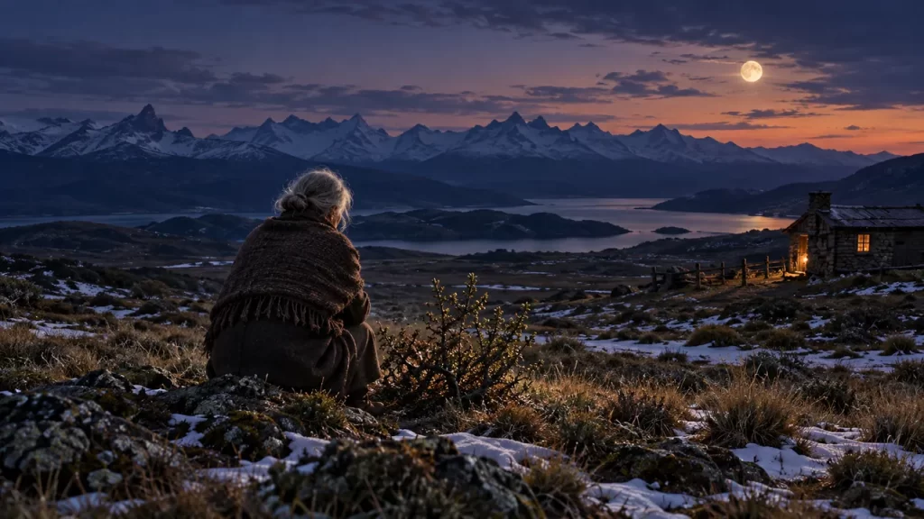 Una anciana contempla un arbusto en un paisaje patagónico imaginado al comienzo de la noche.