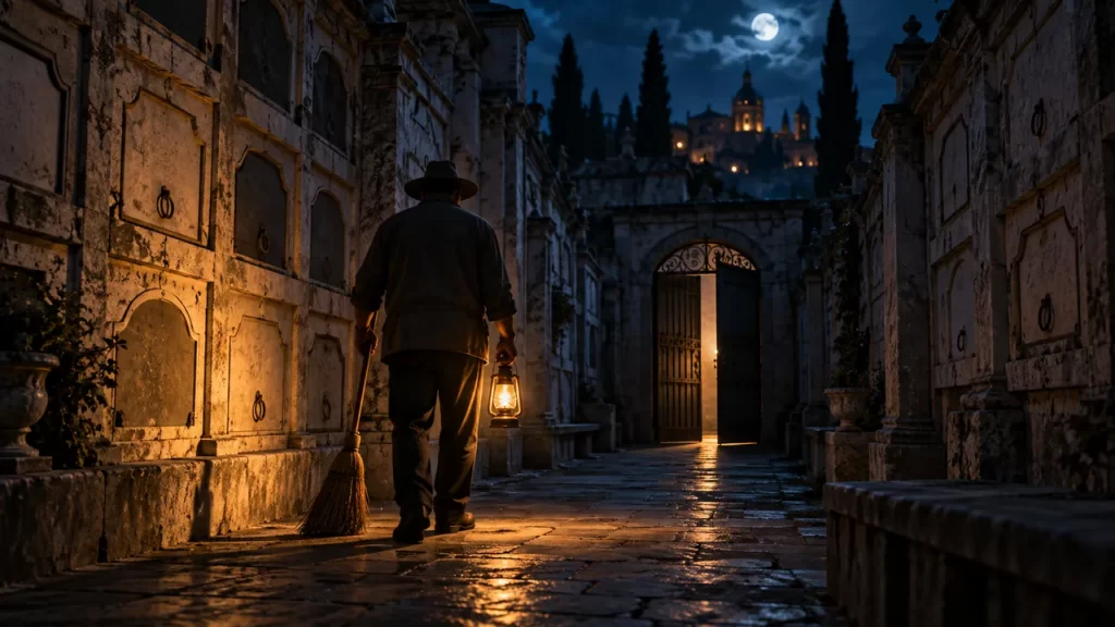 La leyenda de las momias de Guanajuato: qué se cuenta y qué se sabe 1 Un conserje con una escoba y una lámpara recorre de noche un pasillo de nichos cerrados en un cementerio imaginario.