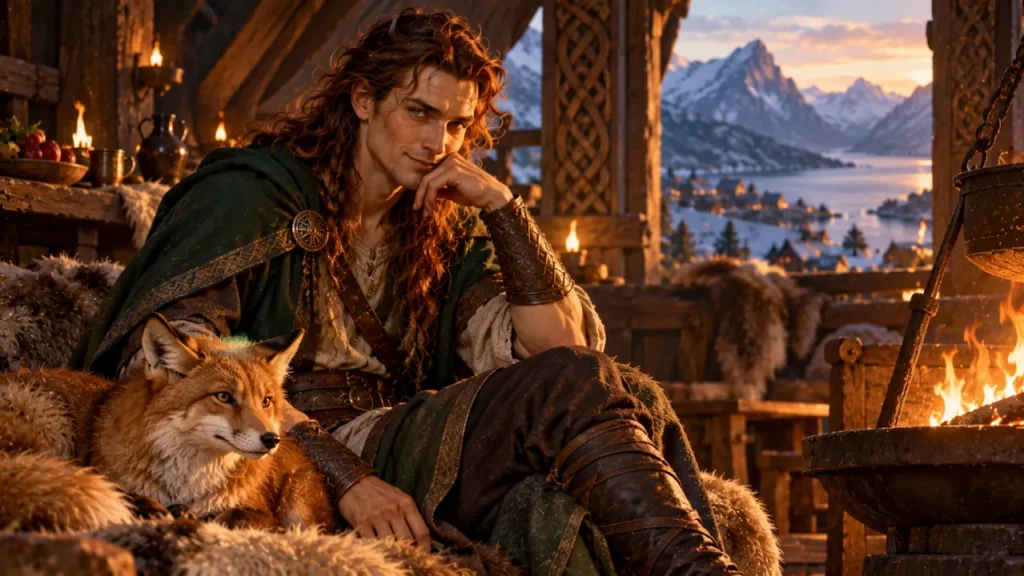 Loki: quién es y por qué sus historias son tan distintas 1 Interpretación artística moderna de Loki en una sala nórdica junto a un zorro.
