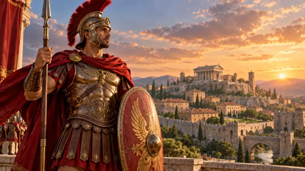 Representación de Marte con casco, lanza y escudo ante una ciudad romana.