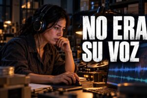 Adriana con auriculares restaurando una grabación de audio; texto «No era su voz»