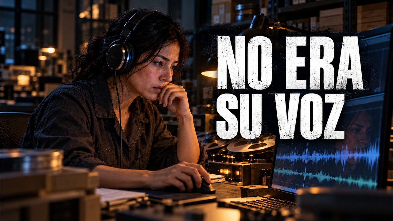 Adriana con auriculares restaurando una grabación de audio; texto «No era su voz»
