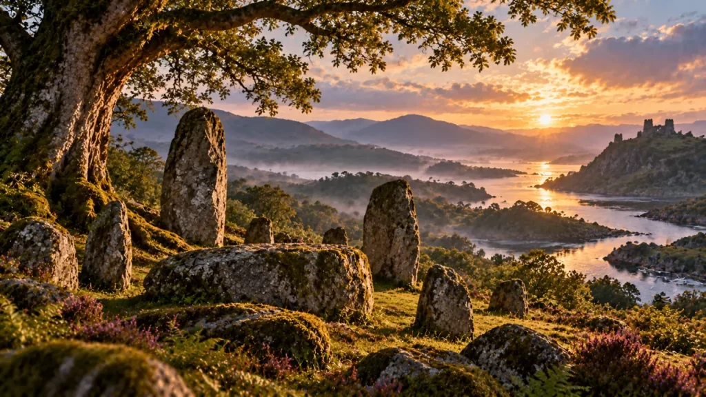 Paisaje imaginario con piedras erguidas, un árbol y niebla sobre un lago