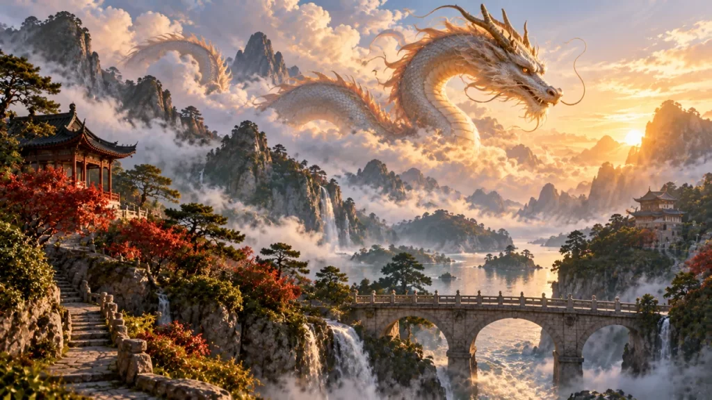 Mitología china: relatos, fuentes y figuras para empezar a conocerla 1 Dragón de inspiración china entre nubes y un paisaje de pabellones
