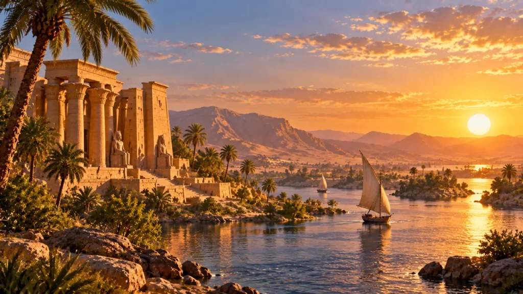 Paisaje interpretativo del Nilo con un templo y barcos de vela al atardecer.