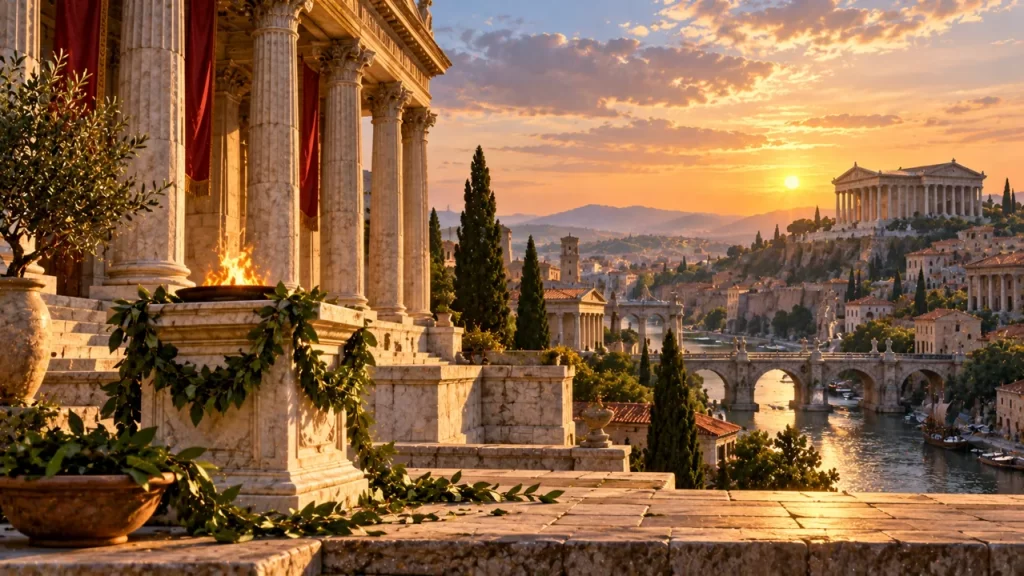 Ciudad romana imaginaria con templo y altar al atardecer