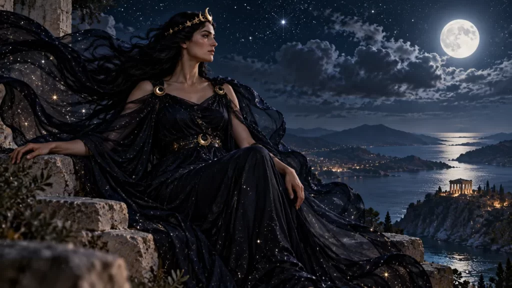 Nyx representada con un manto estrellado sobre un paisaje nocturno.