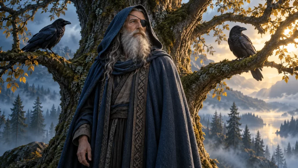 Odín: quién es en la mitología nórdica 1 Interpretación artística de Odín junto a dos cuervos en un bosque.
