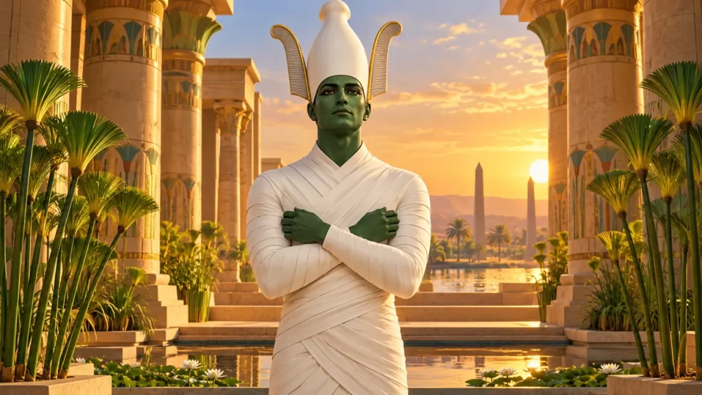 Osiris: quién era y qué papel tenía en los mitos egipcios 1 Osiris representado con piel verde, ropaje blanco y corona, en una ilustración moderna.