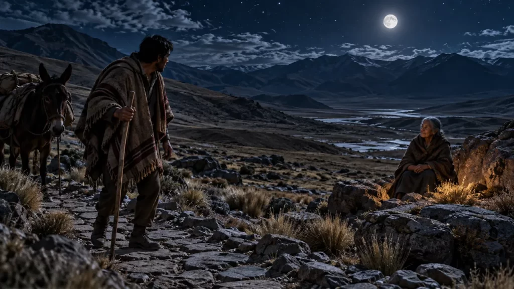 La leyenda de la Pachamama y el viajero que perdió un año 1 Un viajero con su mula encuentra a una mujer mayor sentada junto a una roca en un sendero nocturno de la puna.