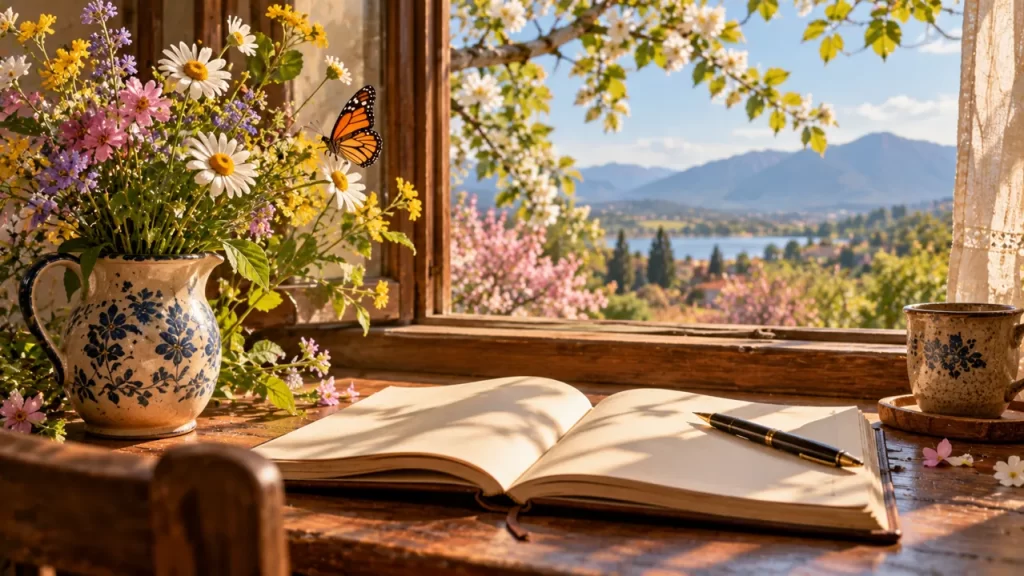 Poemas de primavera: seis poemas originales sobre la naturaleza 1 Libro abierto y flores de primavera junto a una ventana.