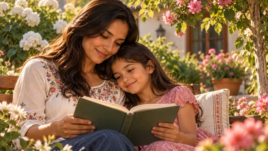 Una madre y su hija leen juntas un libro en un jardín.