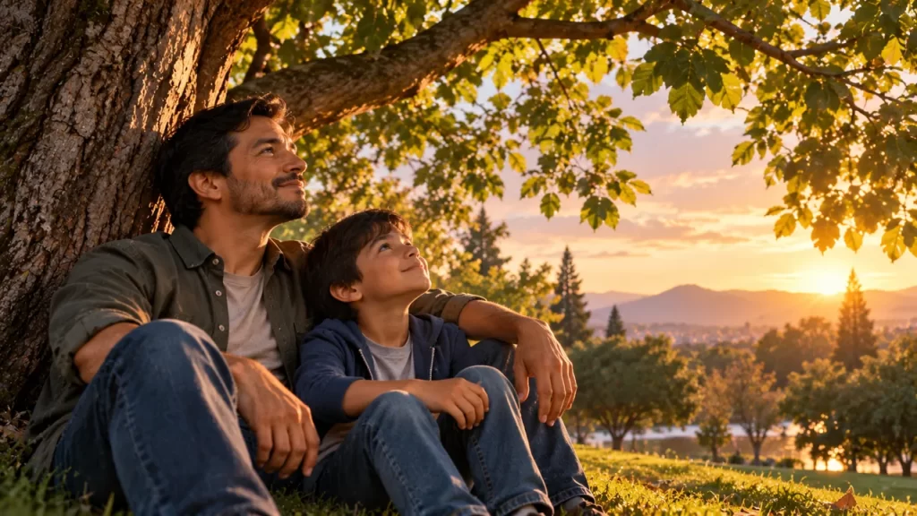 Poemas para papá: seis poemas originales para dedicar 1 Un padre y su hijo descansan juntos bajo un árbol al atardecer.