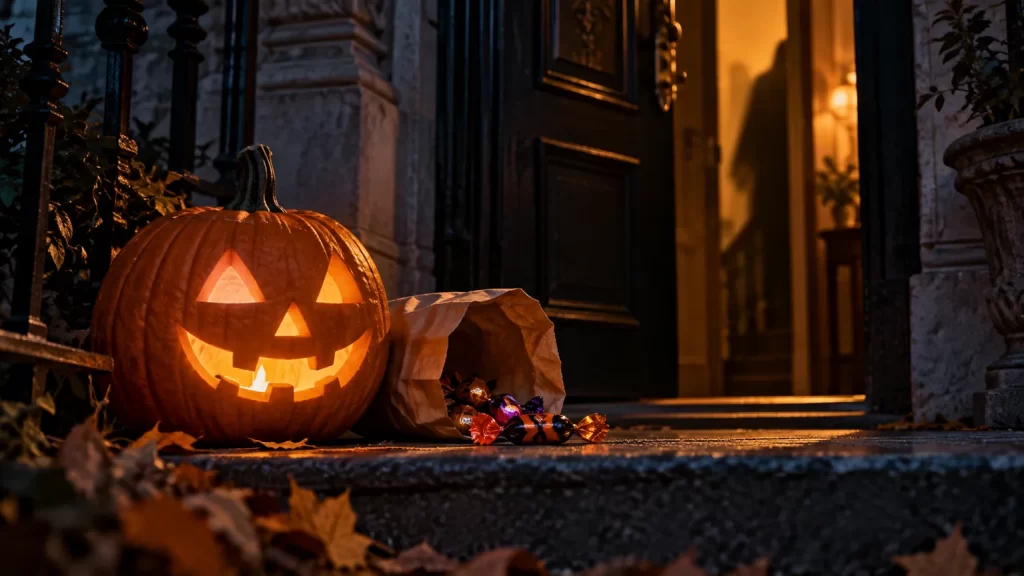 Una calabaza iluminada y una bolsa de dulces frente a una puerta entreabierta en la noche.
