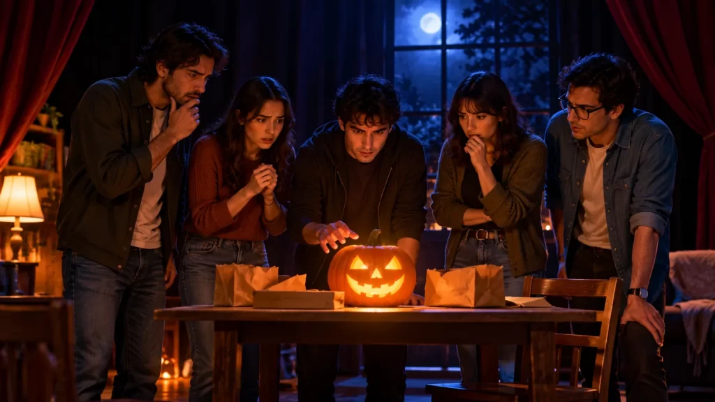 Obra de teatro de Halloween para cinco personajes: La última calabaza encendida 1 Cinco personajes observan una calabaza iluminada sobre la mesa de un pequeño escenario.
