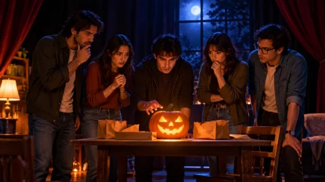 Cinco personajes observan una calabaza iluminada sobre la mesa de un pequeño escenario.
