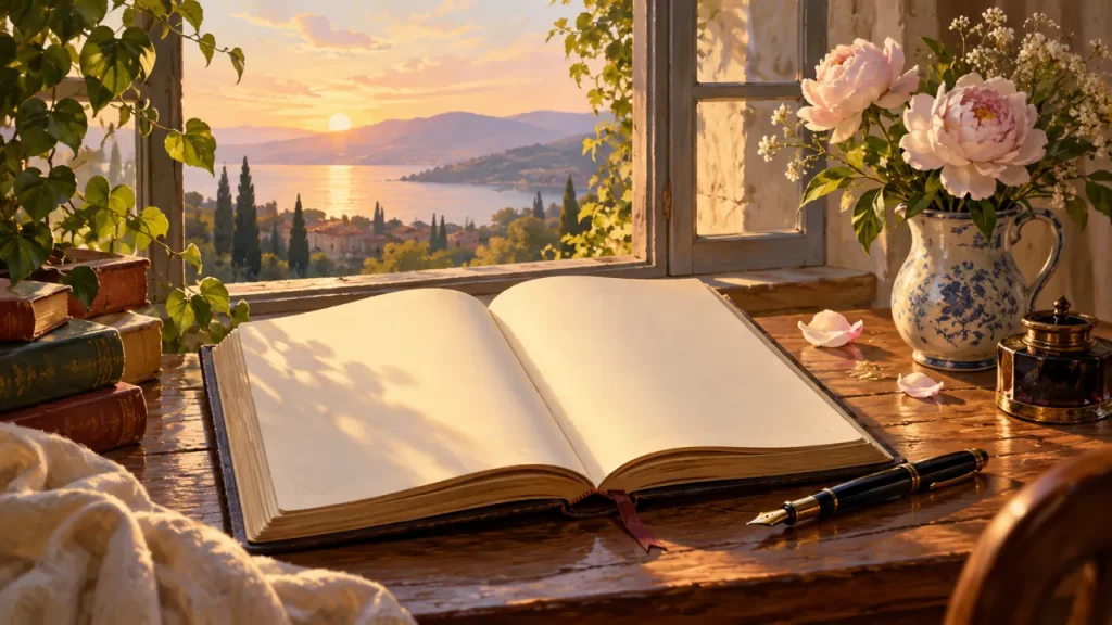 Libro abierto, pluma y flores junto a una ventana al atardecer.