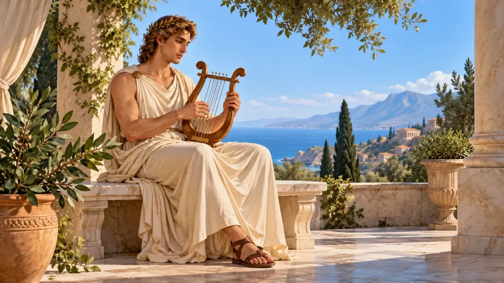 Apolo: dios de la música, la profecía y otros relatos griegos 1 Apolo sostiene una lira junto a un árbol de laurel.