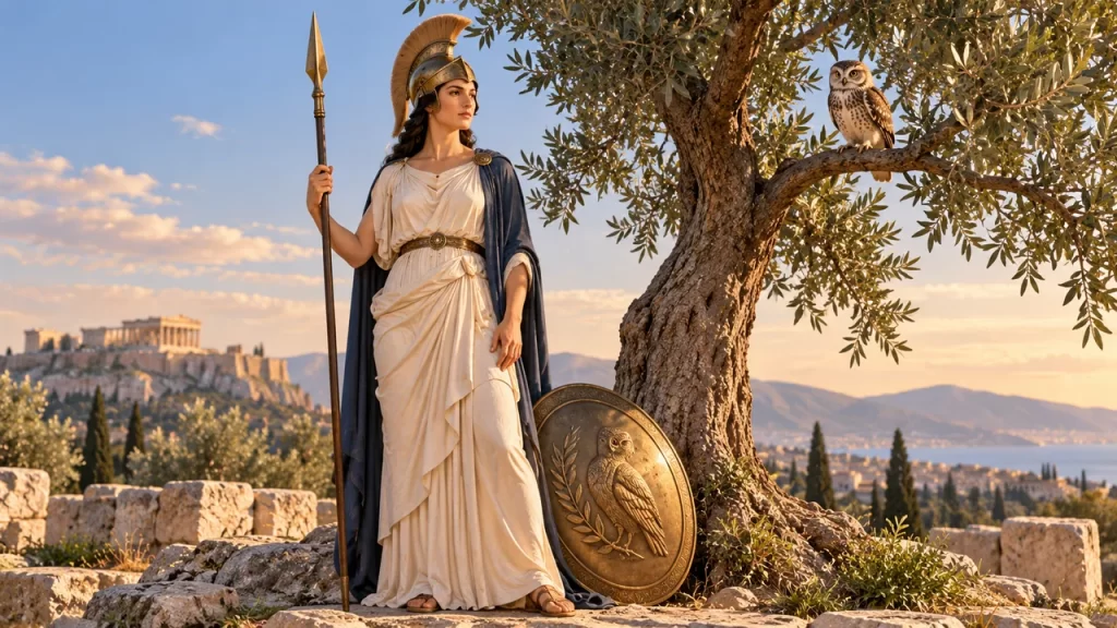 Atenea: diosa de la sabiduría, los oficios y la estrategia 1 Atenea con casco observa un olivo junto a una lechuza.