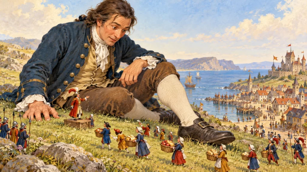 Gulliver en Liliput: el viaje al país de los diminutos 1 Gulliver escucha a un mensajero de Liliput mientras habitantes diminutos llevan cestas de comida.