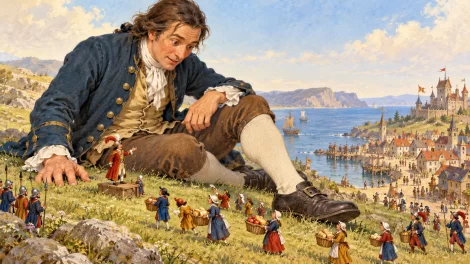 Gulliver escucha a un mensajero de Liliput mientras habitantes diminutos llevan cestas de comida.