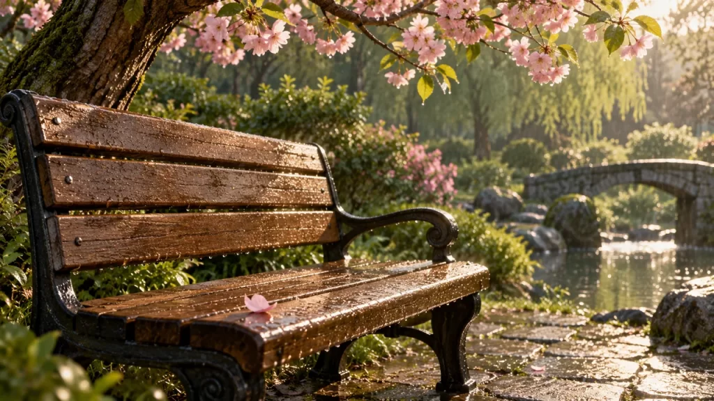 Un pétalo descansa sobre un banco vacío en un jardín.