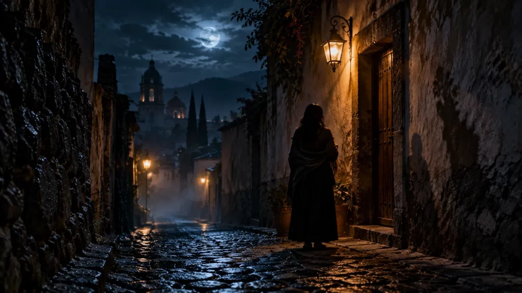 Leyendas de brujas: cuatro historias para leer en Halloween 1 Una mujer de espaldas junto a una puerta iluminada en un callejón de piedra bajo la luna.