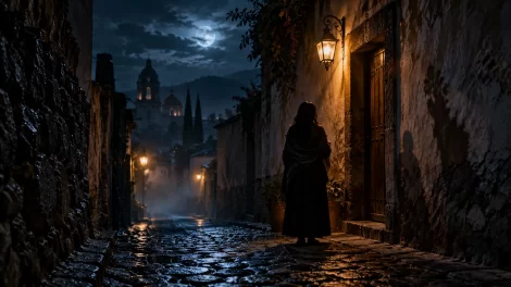 Una mujer de espaldas junto a una puerta iluminada en un callejón de piedra bajo la luna.