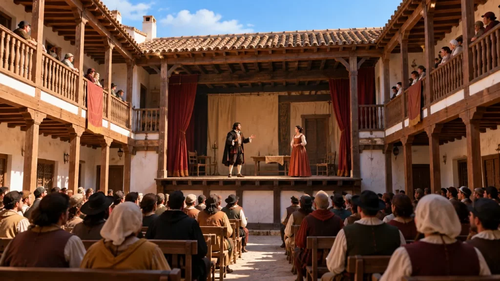 Un escenario imaginado ocupa el fondo de un patio con galerías.