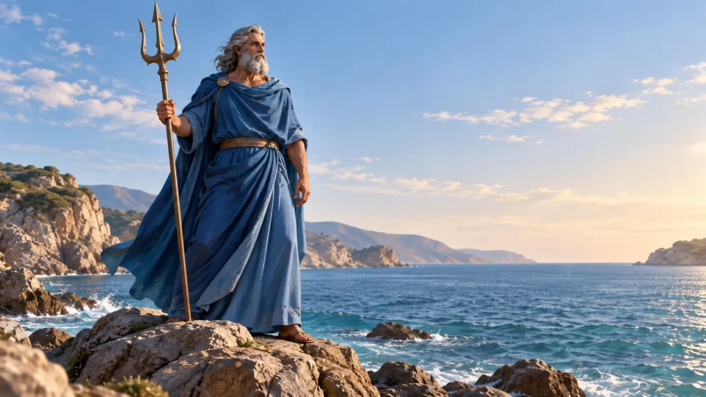 Neptuno: el dios romano y sus diferencias con Poseidón 1 Una figura de Neptuno vestida sostiene un tridente junto al mar.