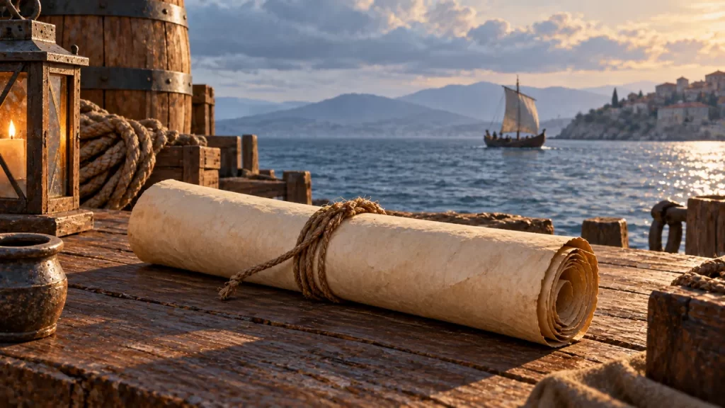 Un rollo atado descansa ante un puerto imaginado y un barco distante.