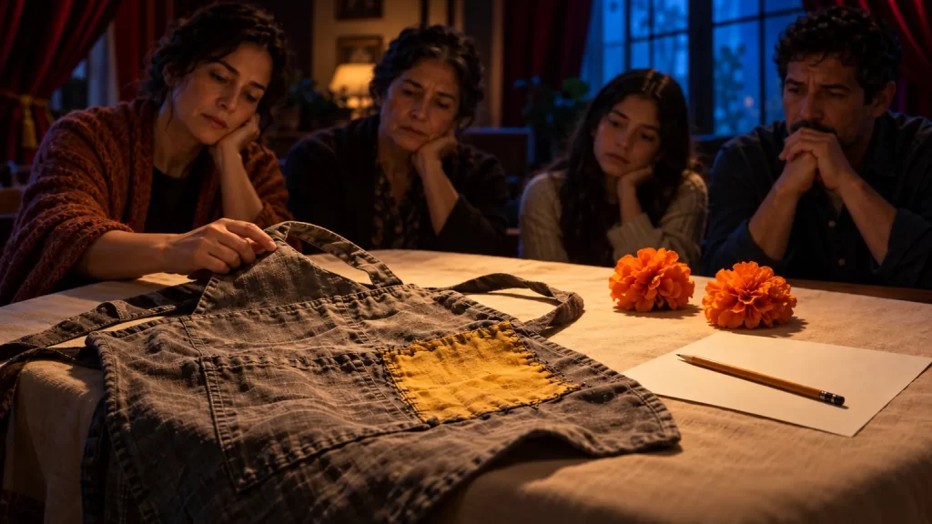 Dos mujeres, un hombre y una adolescente recuerdan a Sofía junto a su delantal con un remiendo amarillo.