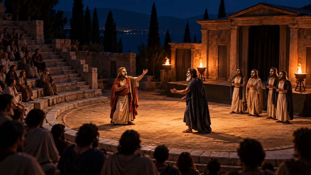 Teatro griego antiguo: origen, tragedia y comedia explicados con ejemplos 1 Recreación artística de una representación en un teatro griego antiguo.