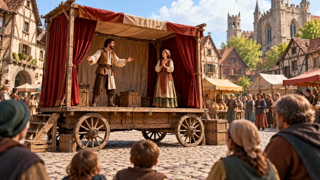 Teatro medieval: espacios, formas y maneras de representar 1 Un carro con una pequeña plataforma escénica se detiene en una plaza imaginada.