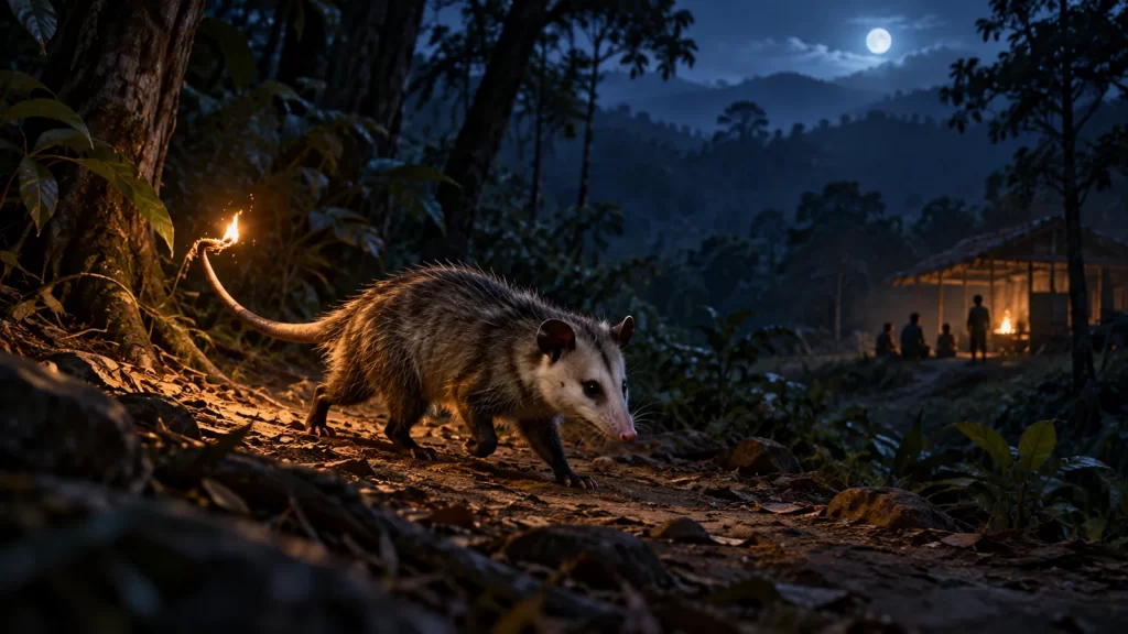 La leyenda del tlacuache y el fuego: un regalo para los humanos 1 Un tlacuache lleva una pequeña brasa en la cola por un bosque nocturno, recreación de la leyenda.