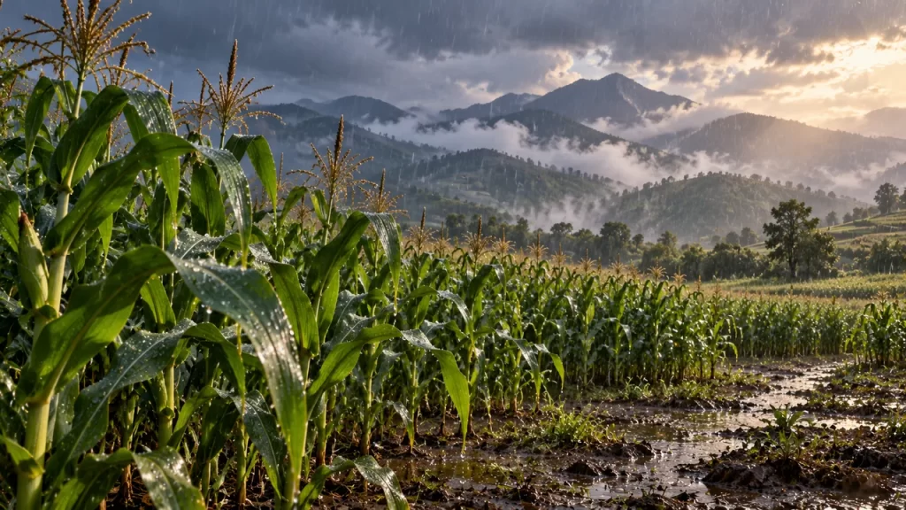 La lluvia cae sobre plantas de maíz frente a unas montañas.
