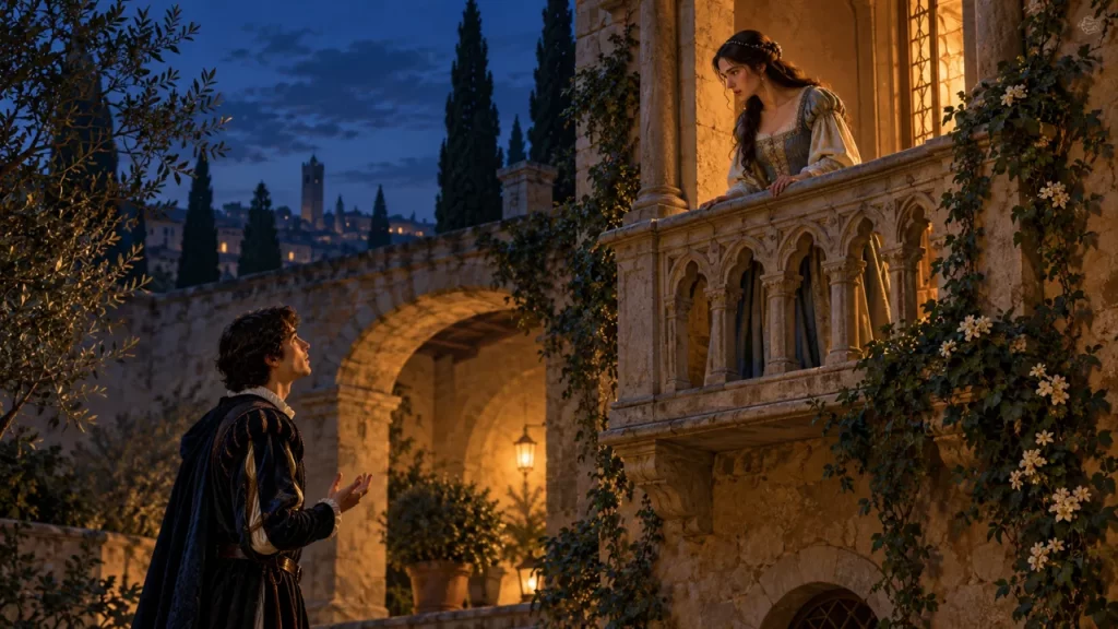 Recreación de Romeo y Julieta conversando entre un patio y un balcón de piedra al anochecer.