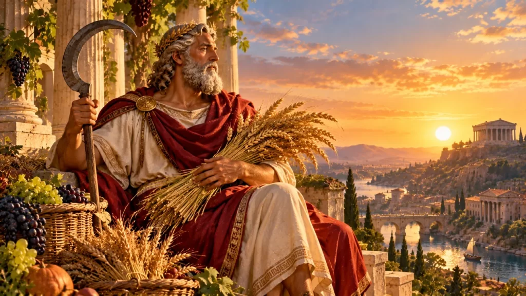 Saturno romano con una hoz y espigas como símbolos agrícolas.