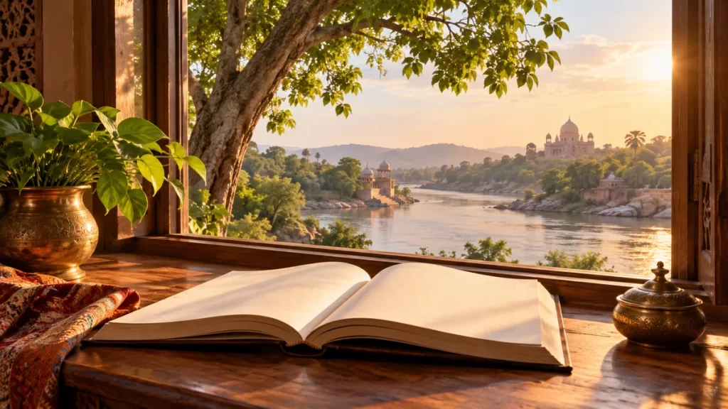 Libro abierto junto a una ventana con un paisaje de la India imaginado.