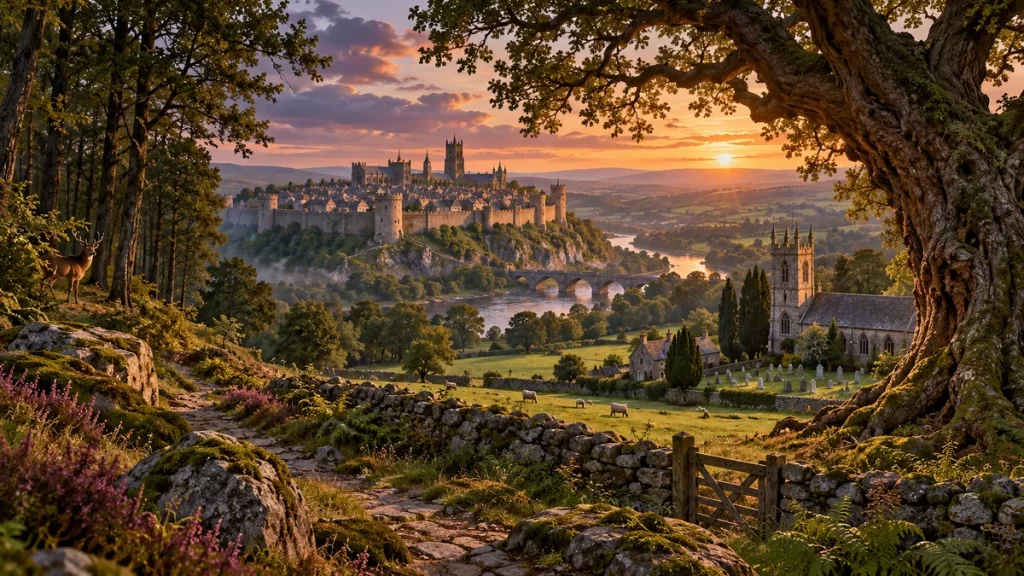 Leyendas de Inglaterra: cinco relatos y sus lugares de origen 1 Paisaje literario imaginado de una ciudad inglesa vista desde un bosque.