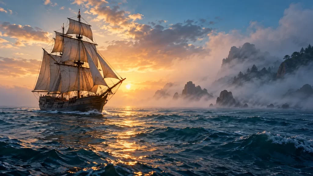 Barco de vela imaginado frente a un mar brumoso.