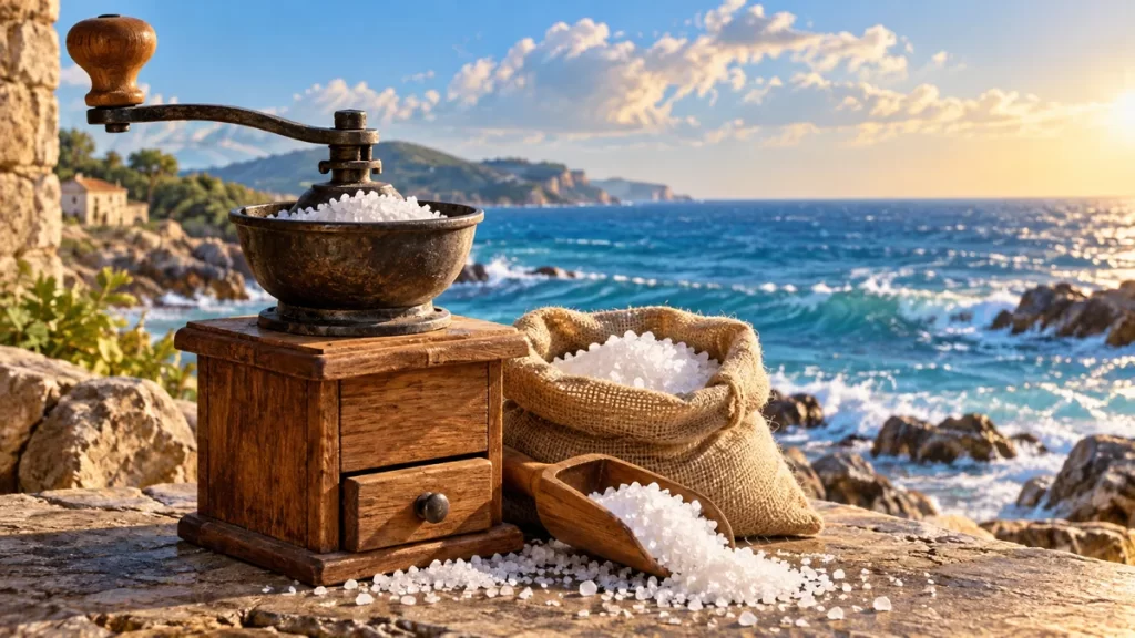 Molino manual y un saco de sal junto al mar en una escena fantástica.